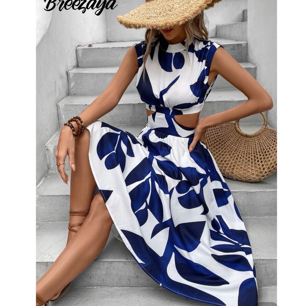 Shein Breezaya Midi Dress Tropical Leaf Print Cutout Waist Blue White Size M